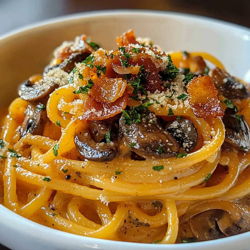 Pumpkin & Mushroom Spaghetti w/ Crispy Bacon